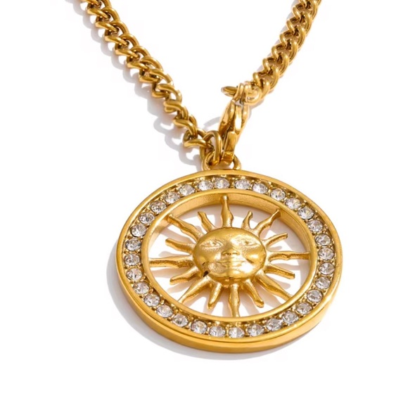 Sun Medallion Pendant Necklace Stainless Steel Gold Plated with Cubic Zirconia - Picture 6 of 10